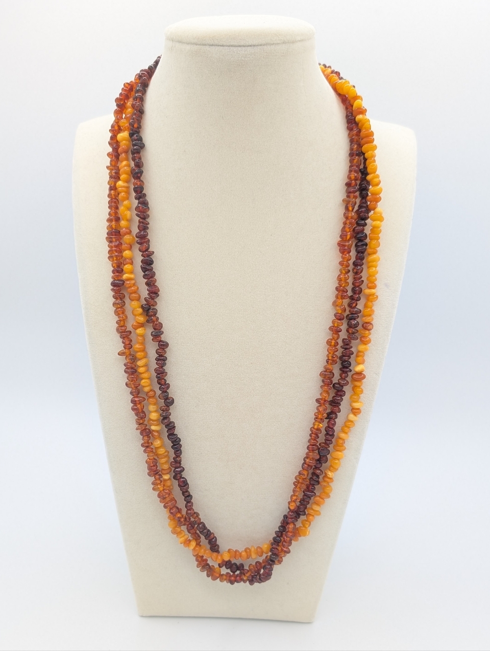 Genuine Baltic Amber Bead Triple Strand Necklace 24" Cognac Honey Butterscotch